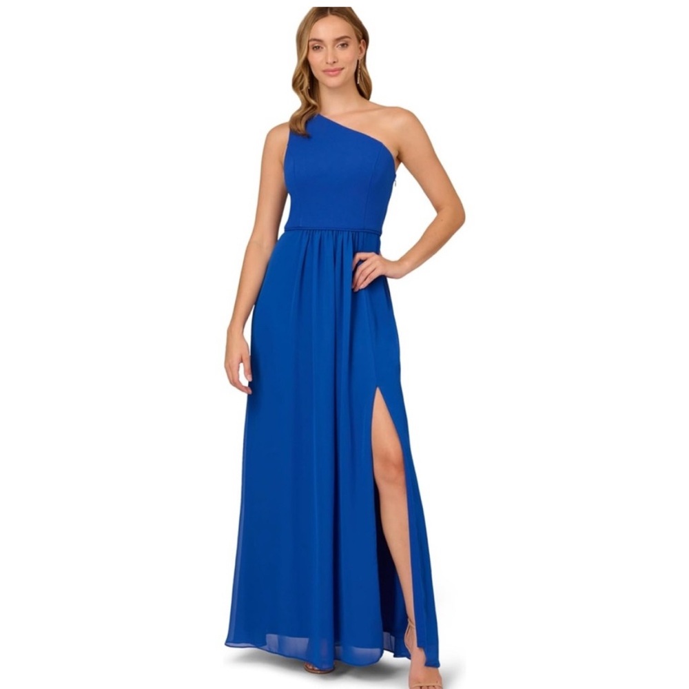 Adrianna Papell Vibrant Blue One-Shoulder Gown NWT GALA MOB Chiffon Evening SZ 6